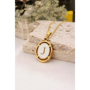 Gold Tone Initial "J" Pendant Necklace Oval Charm Stainless with Chain Gift Box